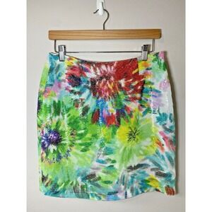 Cluny Womens Sequin Floral Mini Skirt Multicolor Tie Dye Sparkly Party Size 4
